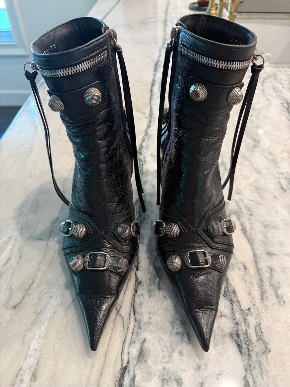 Balenciaga Black Leather Pointed Ankle Boots with Silver Hardware